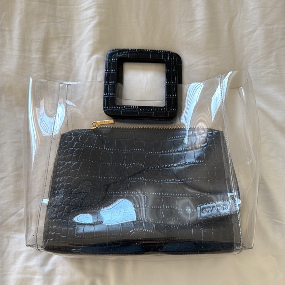 STAUD Black and Transparent Tote Bag